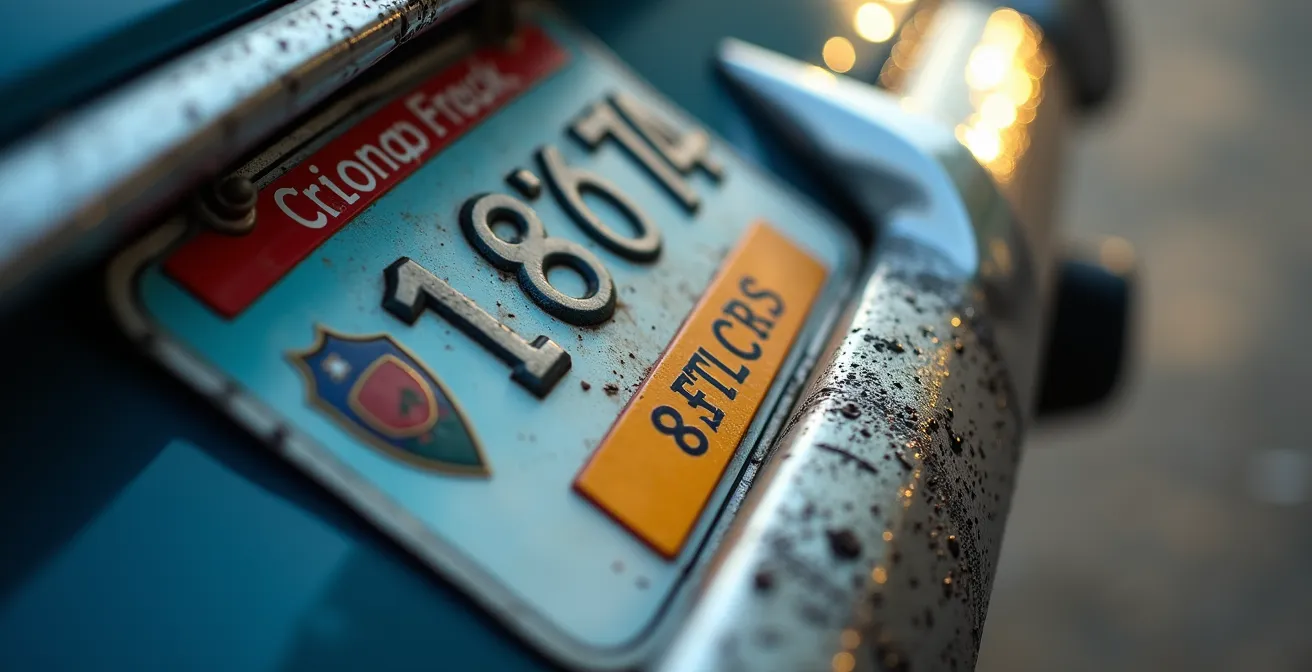 Gros plan sur l'arrière de plusieurs voitures montrant différents logos départementaux sur les plaques d'immatriculation