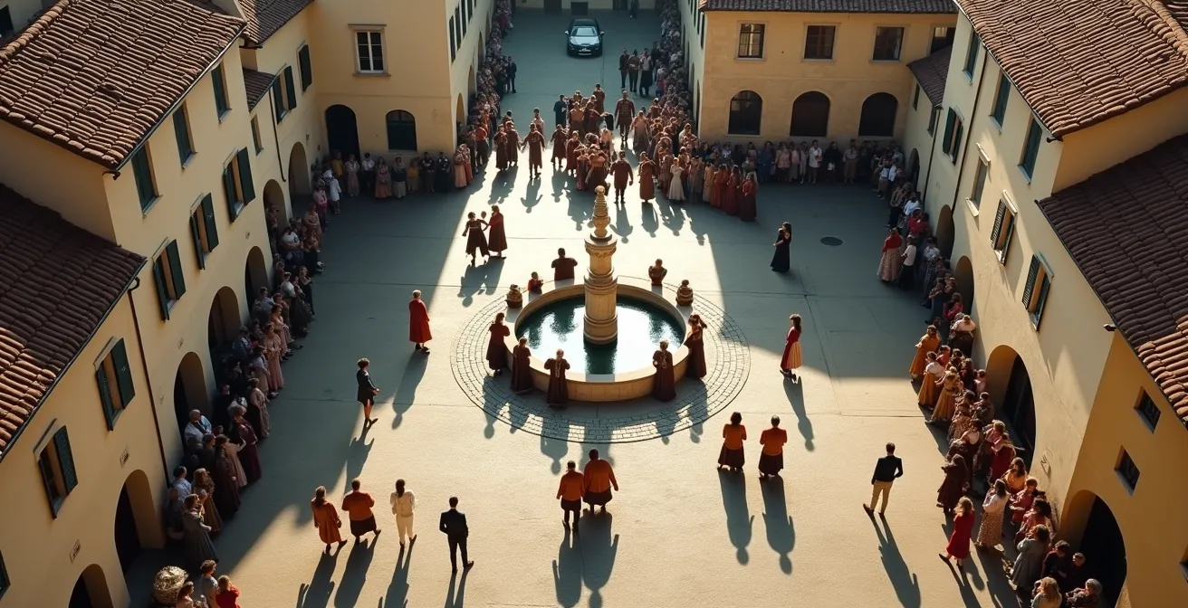 Vue aérienne d'un défilé historique montrant les meilleurs points d'observation le long du parcours