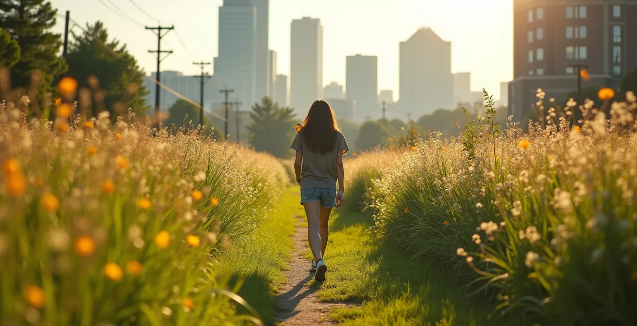 Prairie urbaine fleurie avec chemin tondu traversant des herbes hautes parsemées de fleurs sauvages