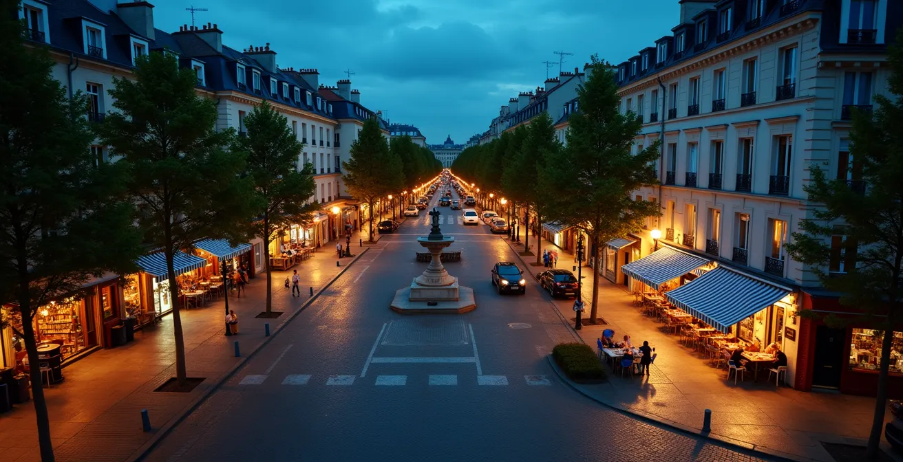 Vue aérienne d'un quartier parisien authentique avec ses cafés et commerces de proximité au crépuscule