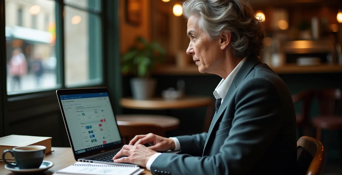 Chercheur consultant le portail FranceArchives sur ordinateur portable dans un café parisien