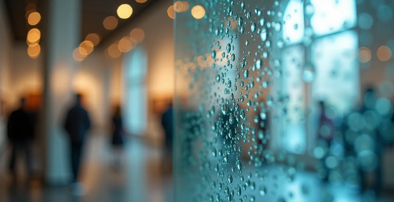 Détail macro de reflets abstraits sur une surface vitrée protégeant une photographie