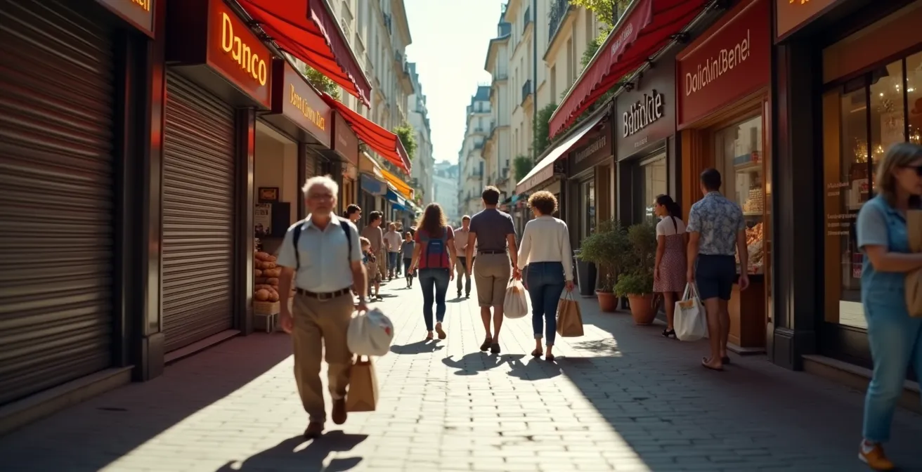Rue commerçante parisienne en août montrant le contraste entre des boutiques fermées et d'autres ouvertes