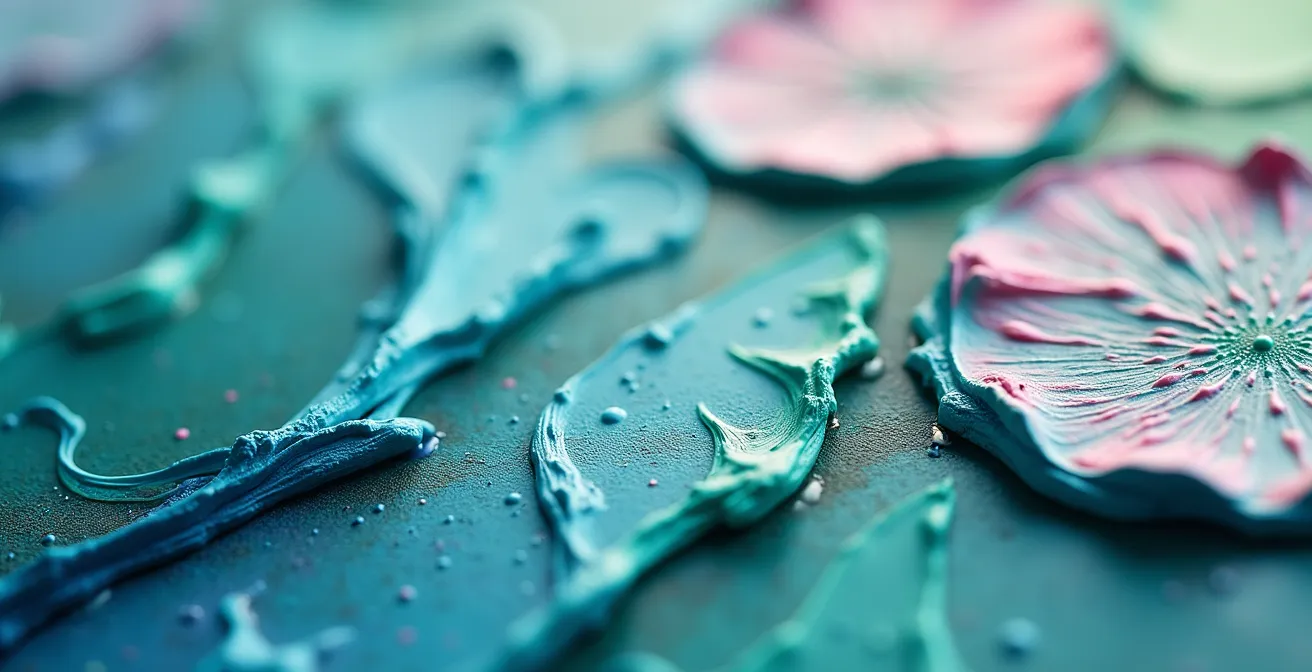 Texture macro de coups de pinceau à l'huile évoquant les nymphéas de Monet avec jeu de lumière naturelle