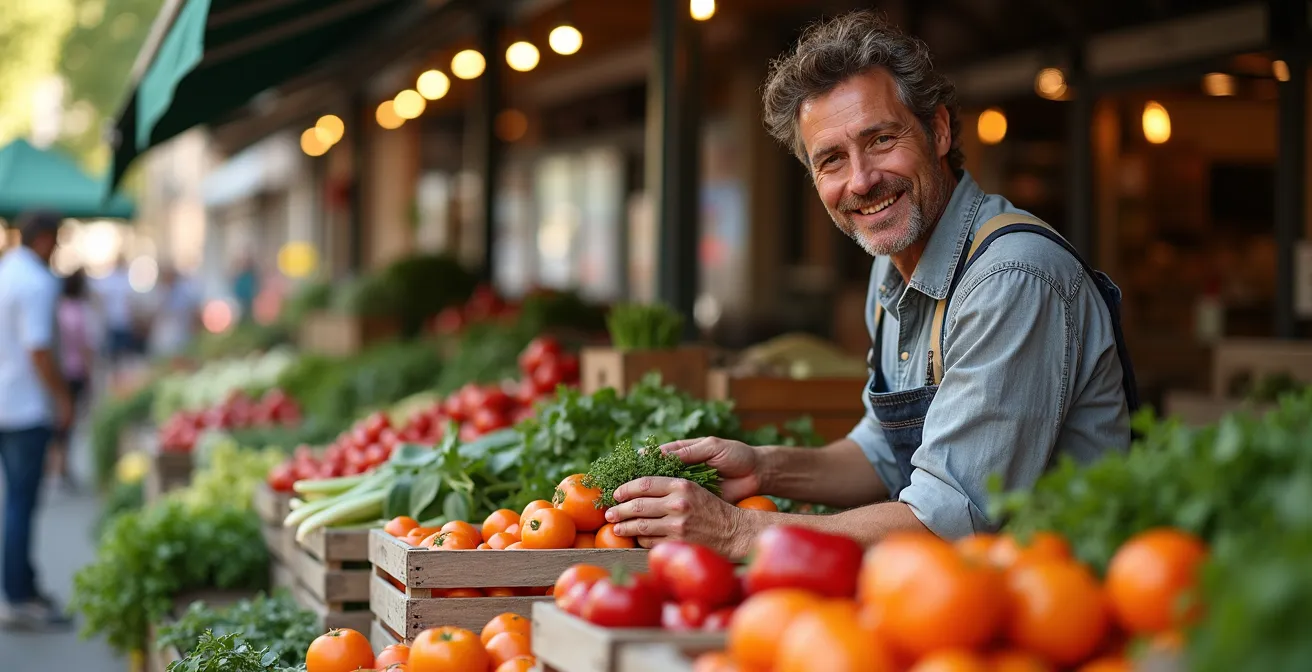 Stand de producteur fermier avec produits locaux et emballages artisanaux