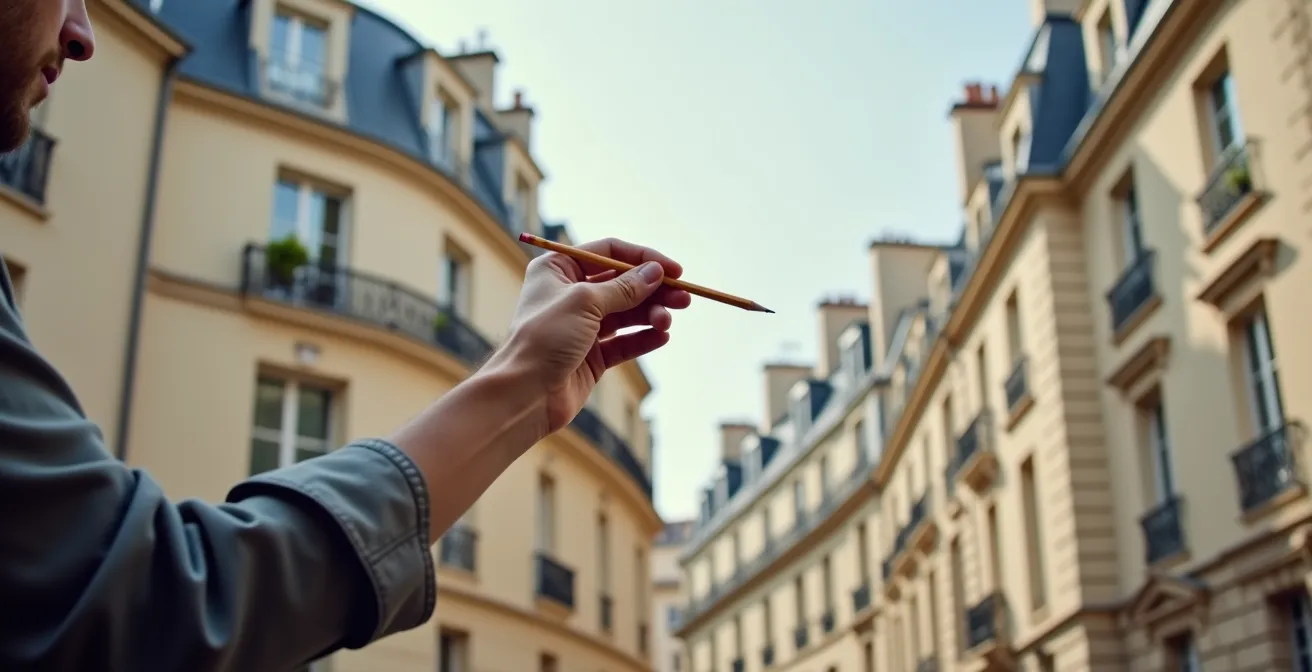 Main tenant un crayon aligné sur une ligne de fuite d'un toit d'immeuble français, technique de l'aiguille de l'horloge