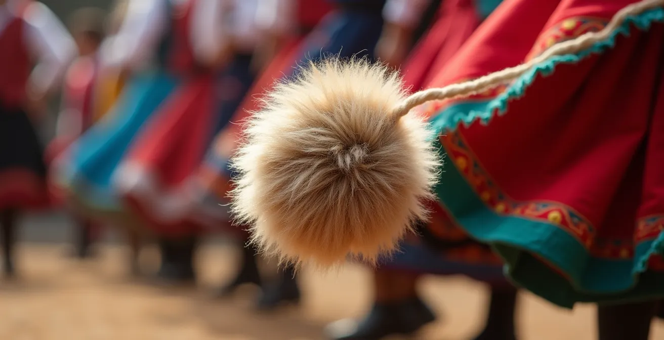 Détail macro d'un pompon de chapeau traditionnel figé en plein mouvement de danse