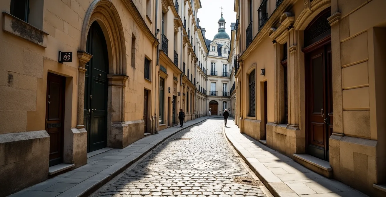 Vue d'une ruelle médiévale étroite et sinueuse contrastant avec les immeubles haussmanniens en arrière-plan