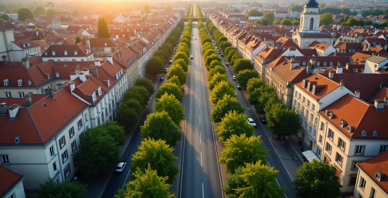 Vue aérienne d'un boulevard français circulaire suivant le tracé d'anciens remparts, avec variation de niveau visible