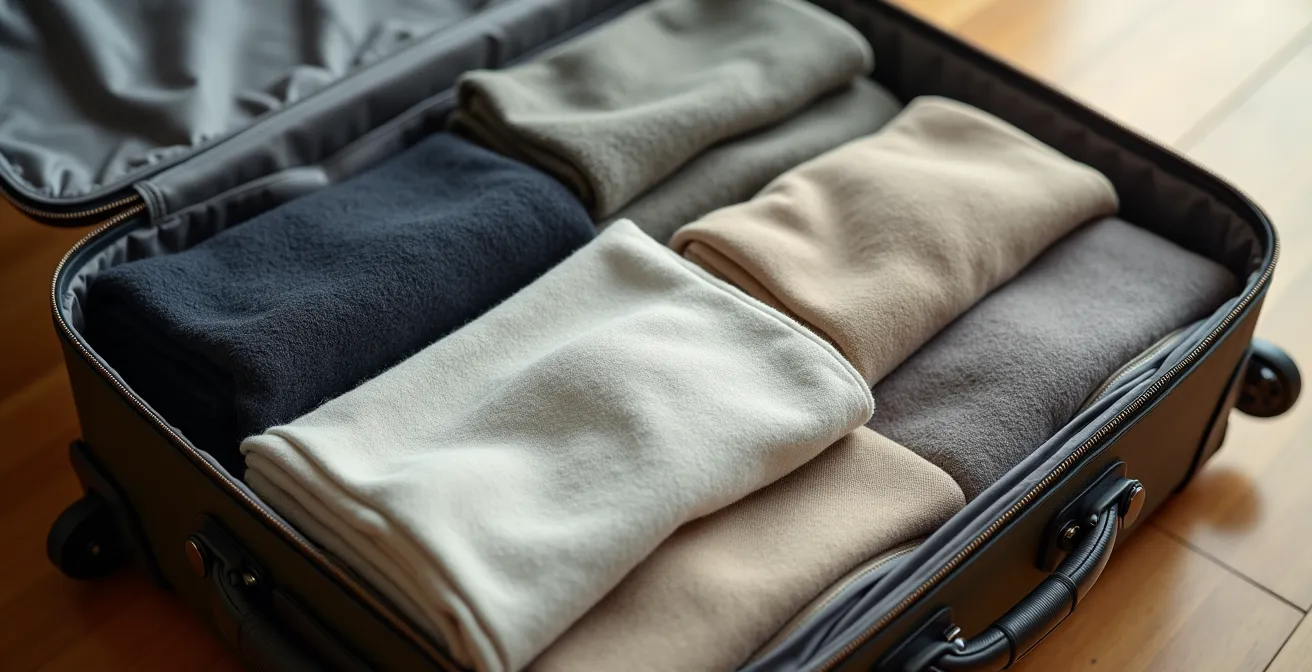 Organisation optimale d'une valise pour voyage multi-régions avec vêtements superposés et accessoires de voyage