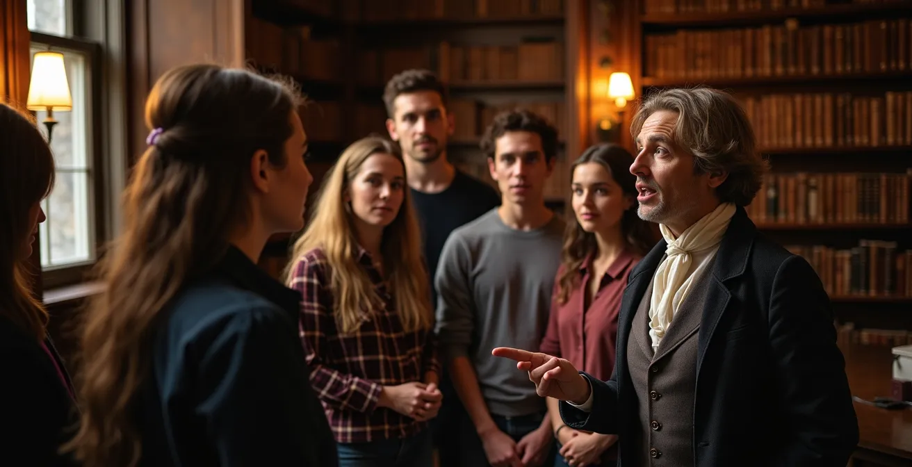 Groupe de visiteurs dans une bibliothèque historique avec guide en costume d'époque