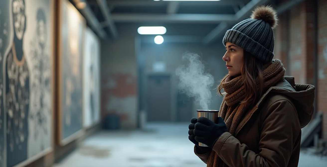 Personne équipée pour visiter une friche culturelle en hiver dans un espace industriel