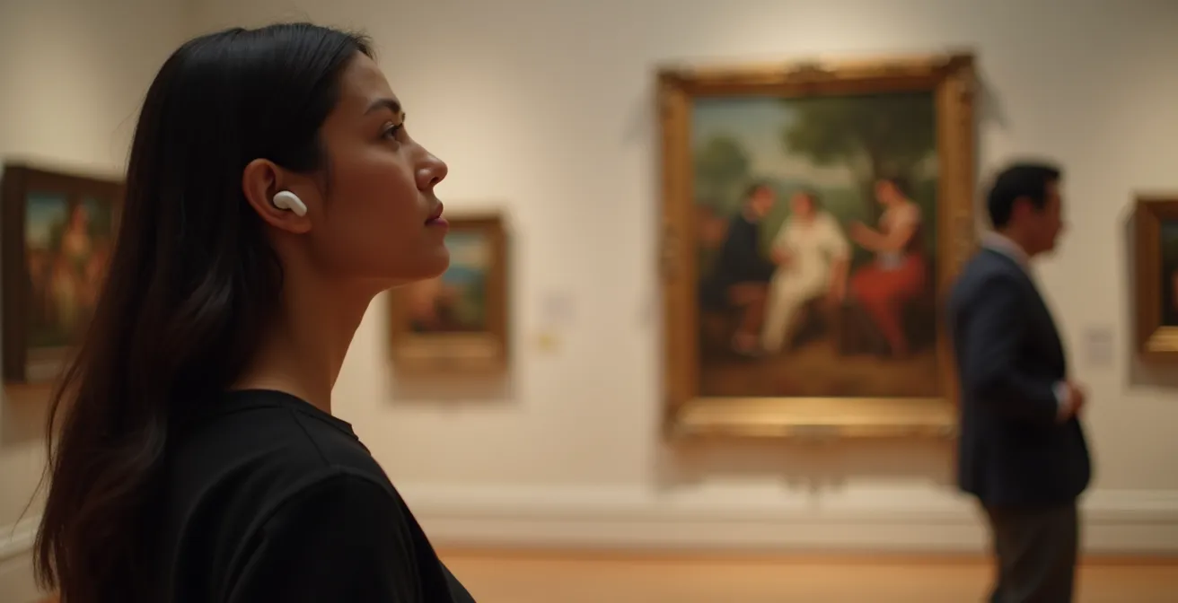 Visiteur avec audioguide contemplant une œuvre d'art dans une galerie calme