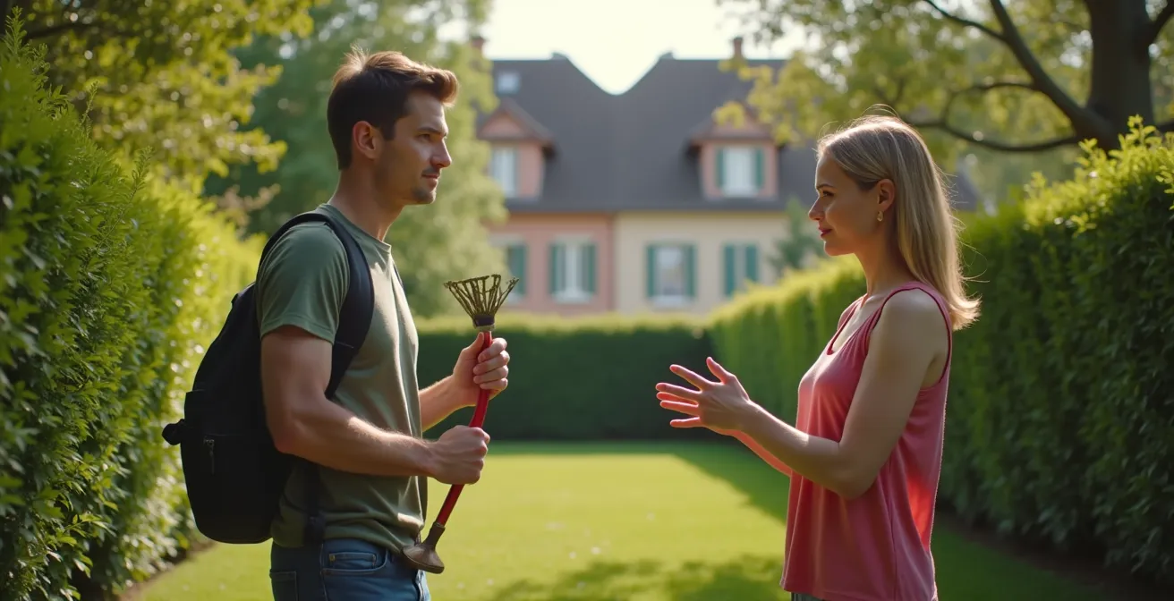 Voisins discutant calmement par-dessus une haie dans un jardin français un dimanche midi