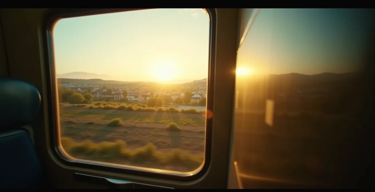 Vue depuis la fenêtre d'un TER montrant l'évolution du paysage français avec reflet subtil d'un voyageur observateur